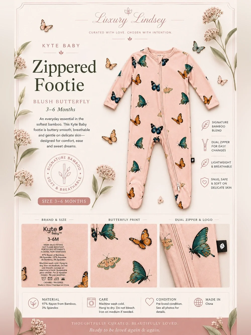 Kyte BABY Blush Butterfly Zippered Footie | 3–6 Months